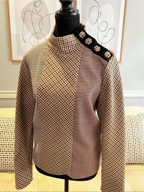 Zara Woman Patchwork Houndstooth Top in Tan, Burgundy & Black